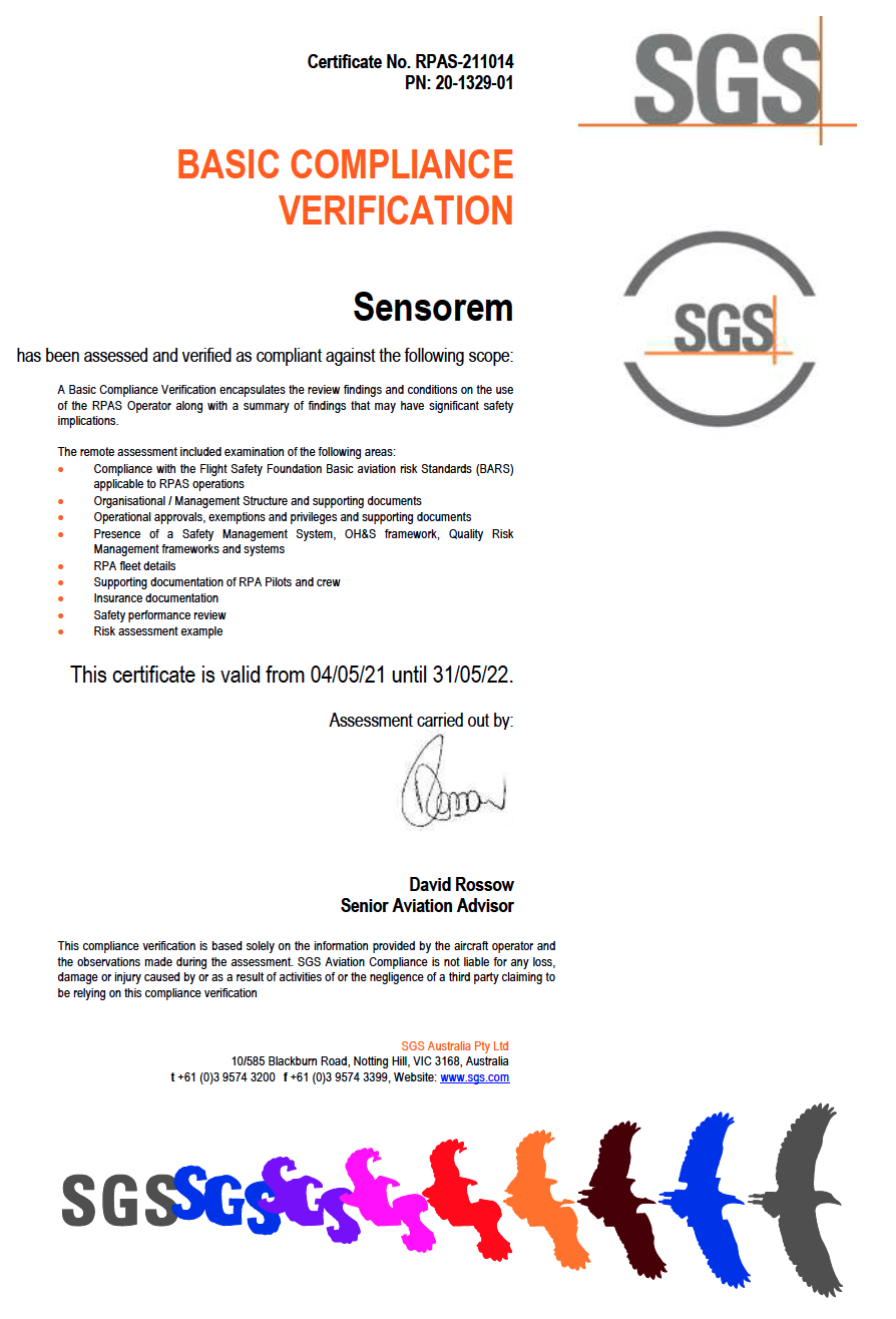 Sensorem's health, safety and environment basic compliance verification certificate.