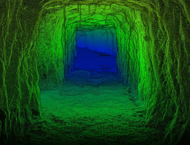 Blue and green LiDAR scan of a tunnel covered in moss and vines.