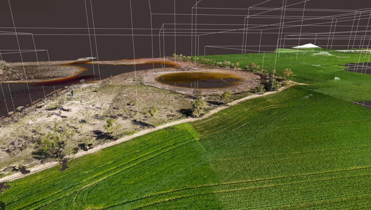 Digital image of a farm and surrounding dams using Sensorem's survey drone technology.